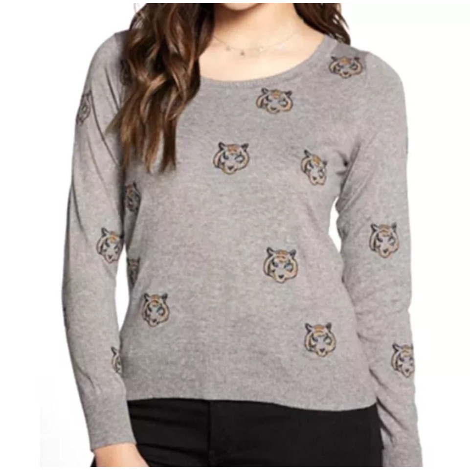 Nwt Chaser Cashmere Crewneck Tiger Sweater Color: Heather Grey Size S